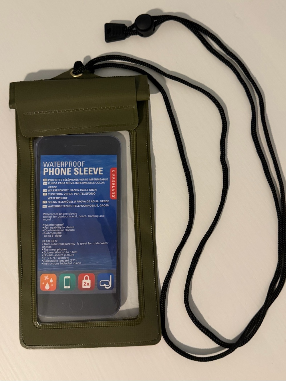 Kikkerland Olive Green Waterproof Phone Sleeve with Black Lanyard